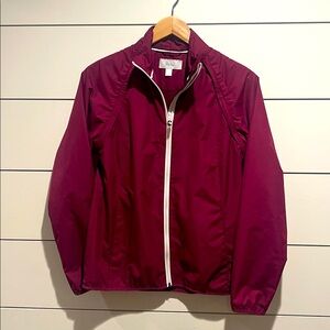 Lady Hagen Maroon Jacket with White Accents and zipped venting